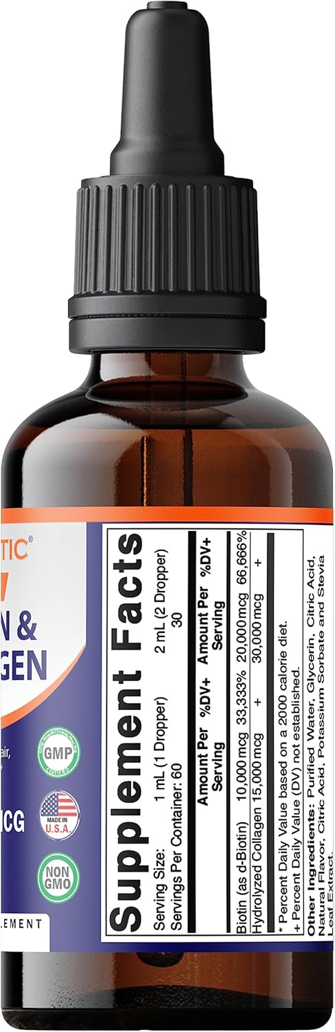 Vitamatic Gotas de biotina líquida y colágeno de 50,000 mcg para el crecimiento del cabello, mujeres y hombres, apoya el crecimiento de la piel