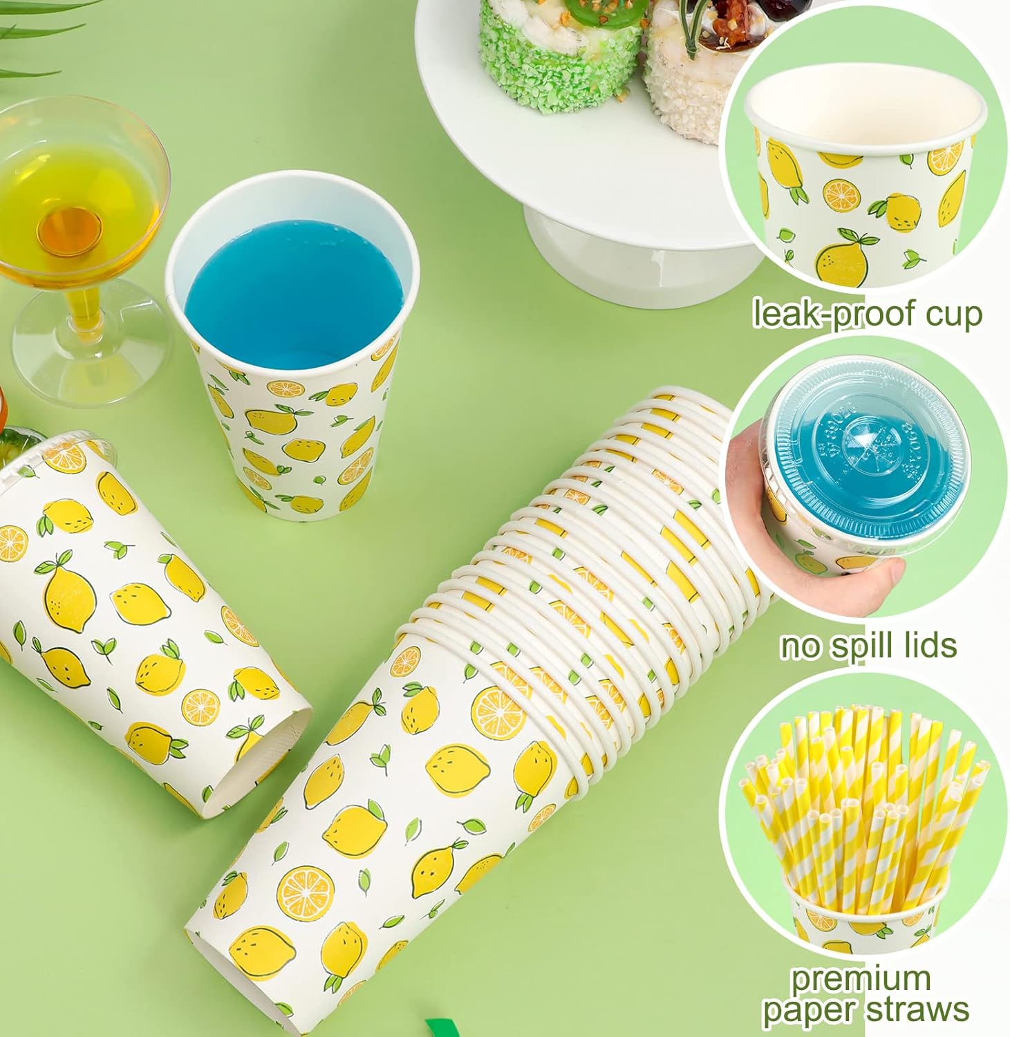Tessco 150 piezas50 juegos de vasos de limonada con tapas y pajitas de papel, taza de papel desechable de 12 onzas para café helado, tazas de papel