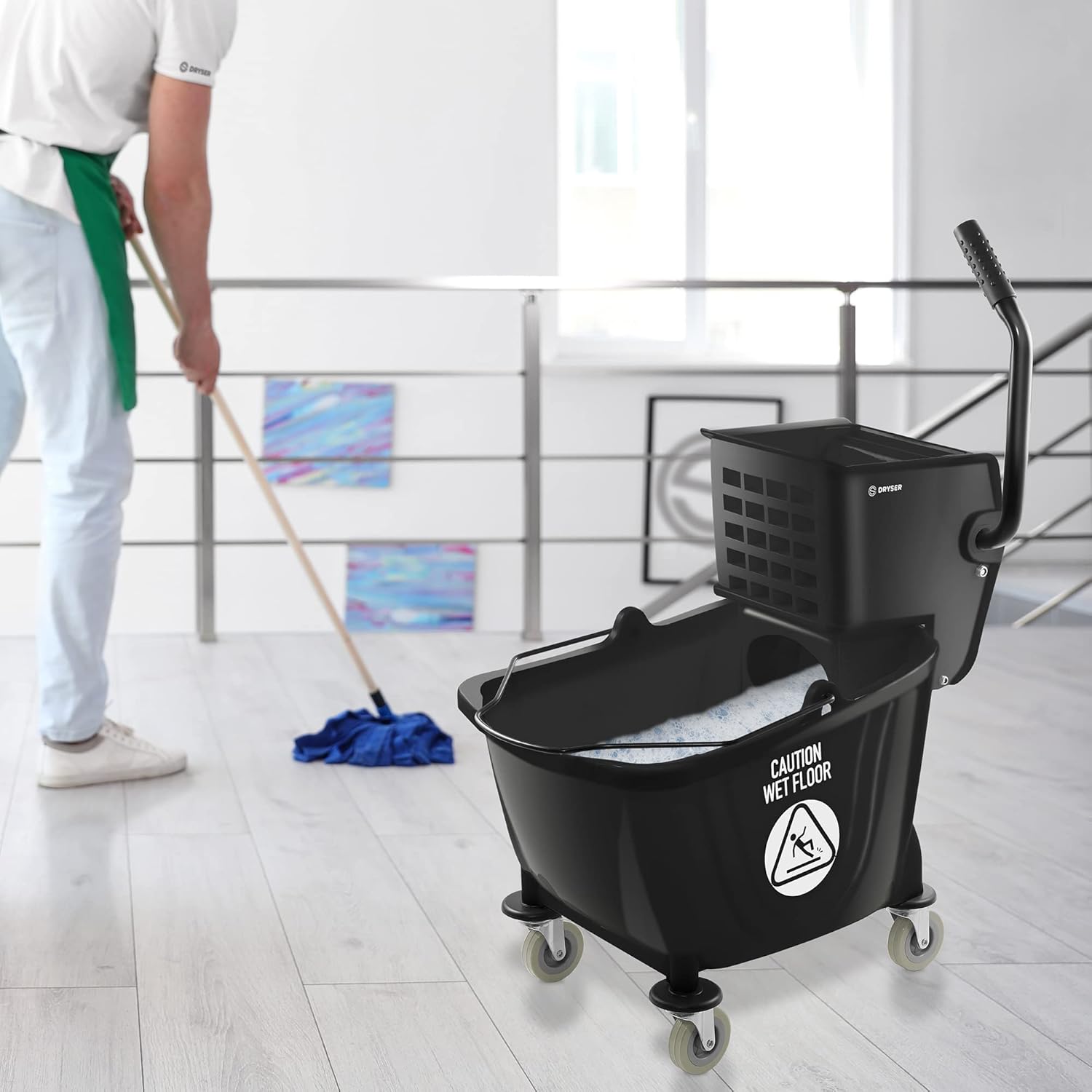 Dryser Comercial prensa lateral escurridor Combo fregona cubo, 33 cuartos de galón, negro