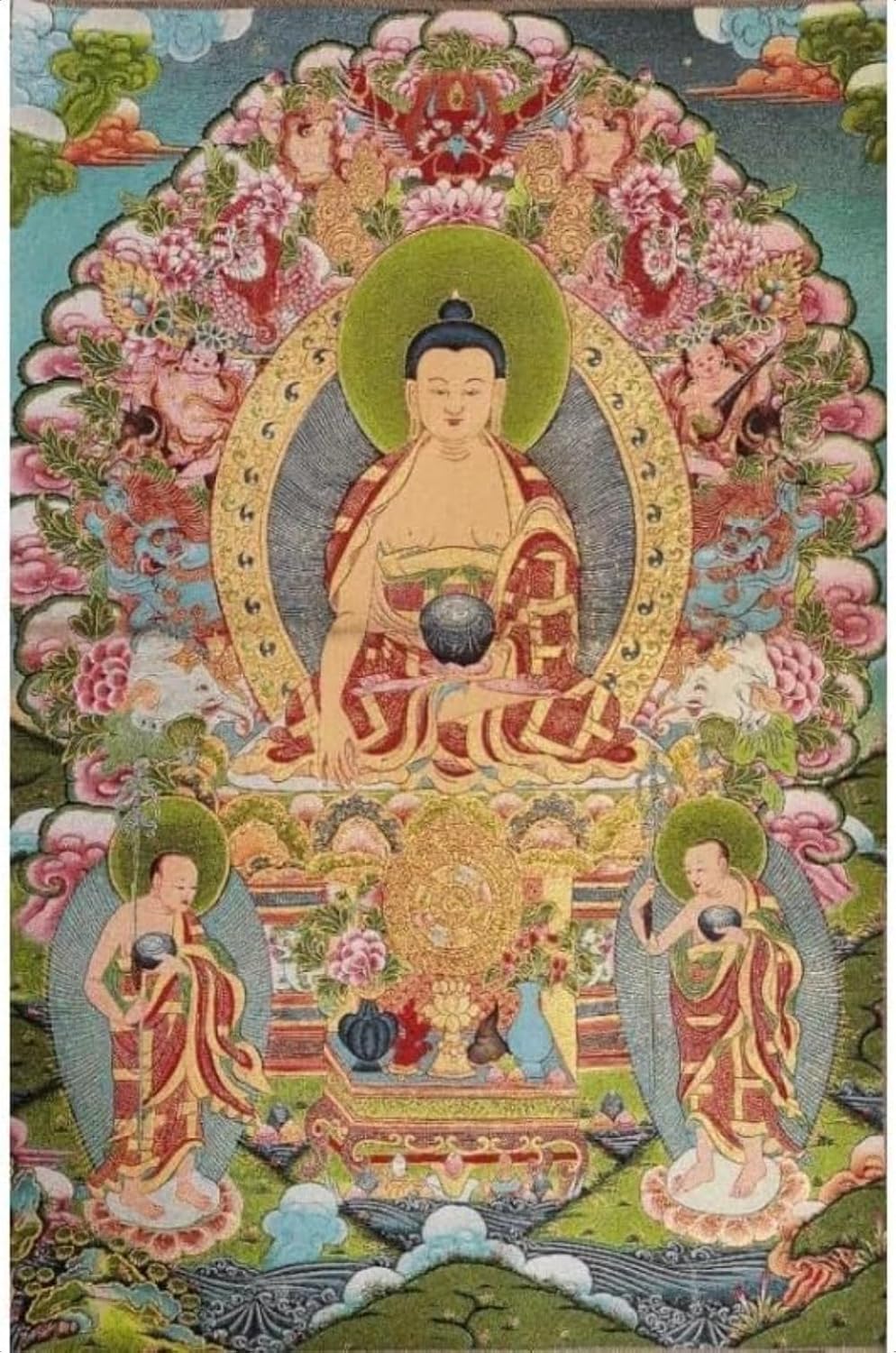 Bordado de seda tibetano Thangka budismo Sakyamuni Buddha Tangka Yoga Budista Tapiz colgante de pared Arte de pared Decoración del hogar Tapiz