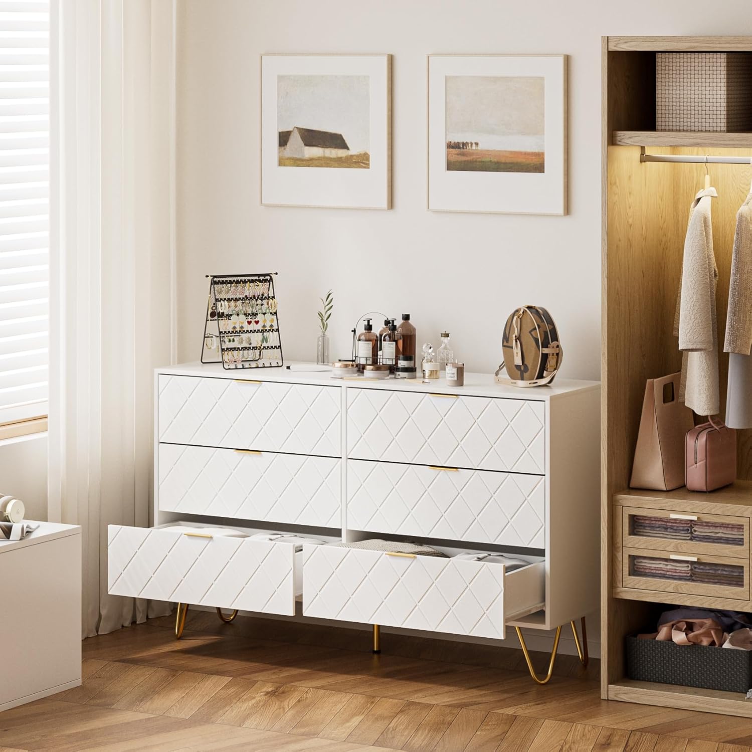 Aobafuir Cómoda de 6 cajones, cajón, armario de almacenamiento alto con patas de metal, cómoda grande para dormitorio, sala de estar, armario,