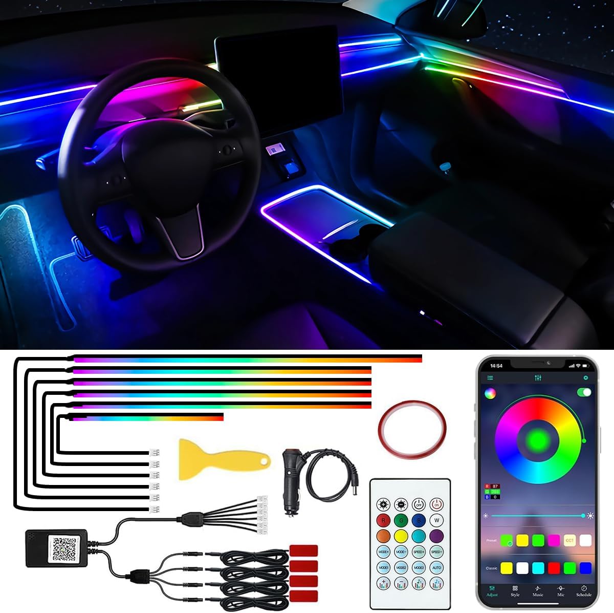 Tira de luces LED de acrílico para interiores de automóvil, 10 en 1, Dreamcolor, kit de iluminación ambiental para automóvil con aplicación
