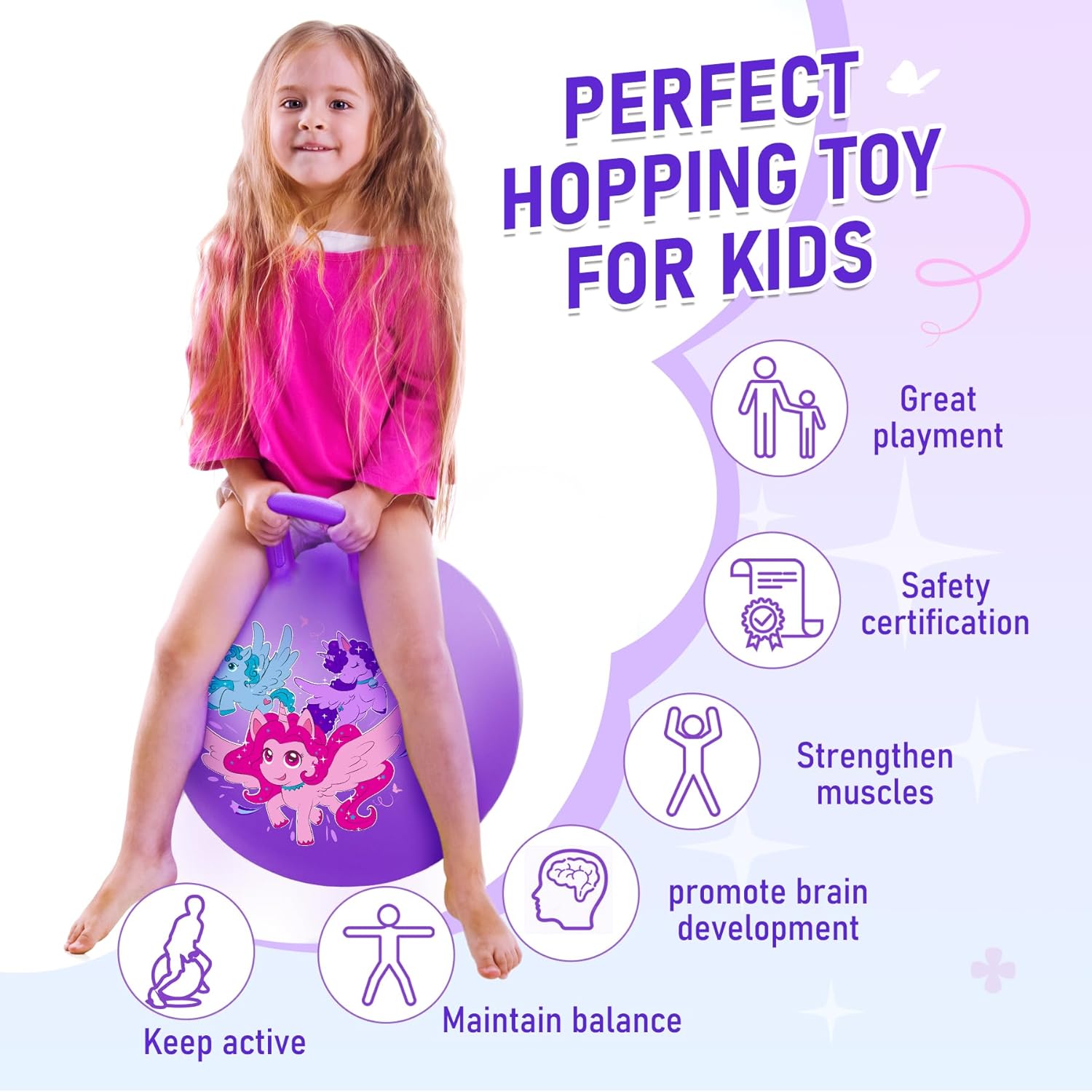 U&C Planet Hoppity Hop – Pelota de salto con asa para niños de 3 a 6 años, para sentarse y rebotar de 18 pulgadas con bomba