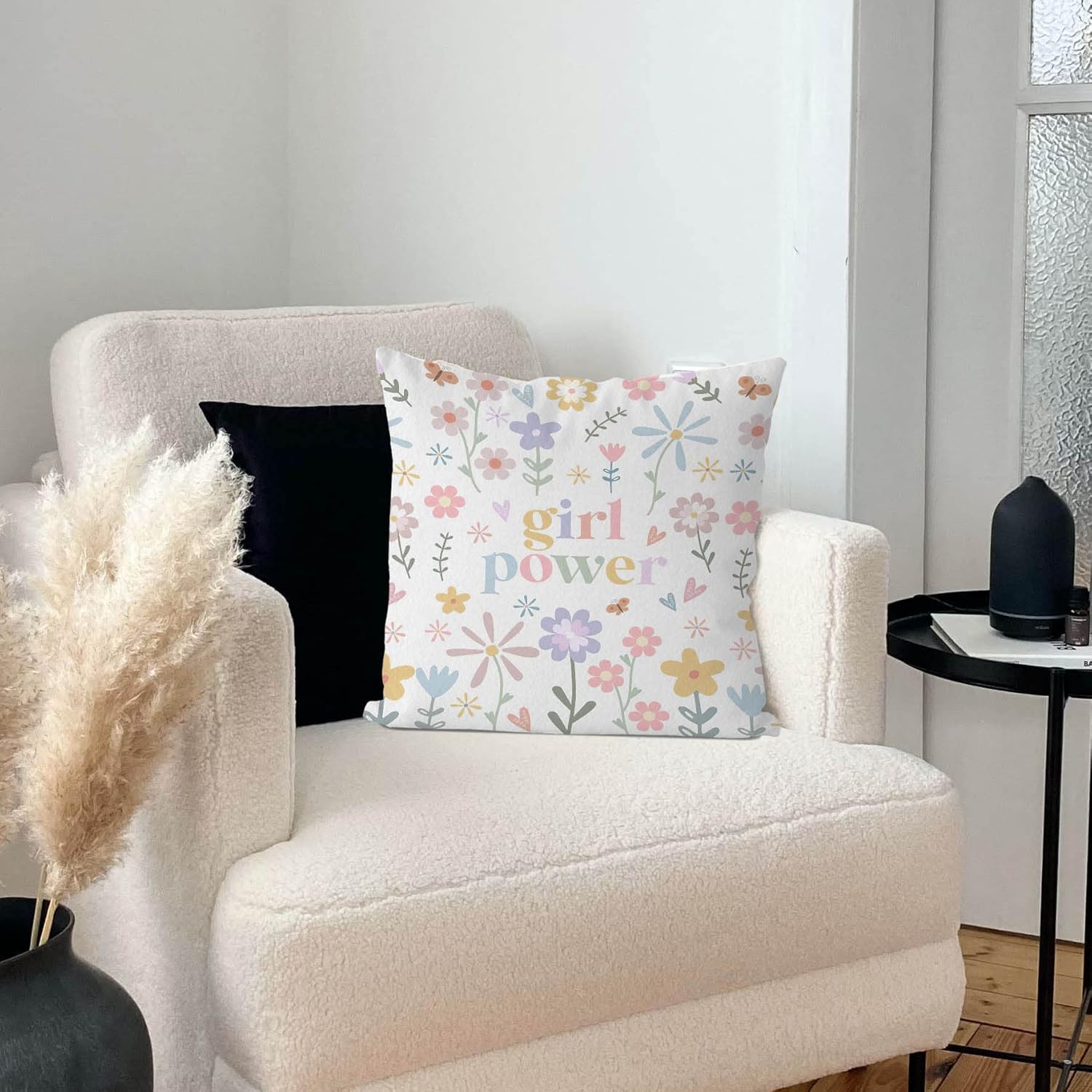 Funda de almohada inspiradora floral bohemia de 18 x 18 pulgadas, funda de almohada positiva para niña, decoración de habitación de niña, funda de