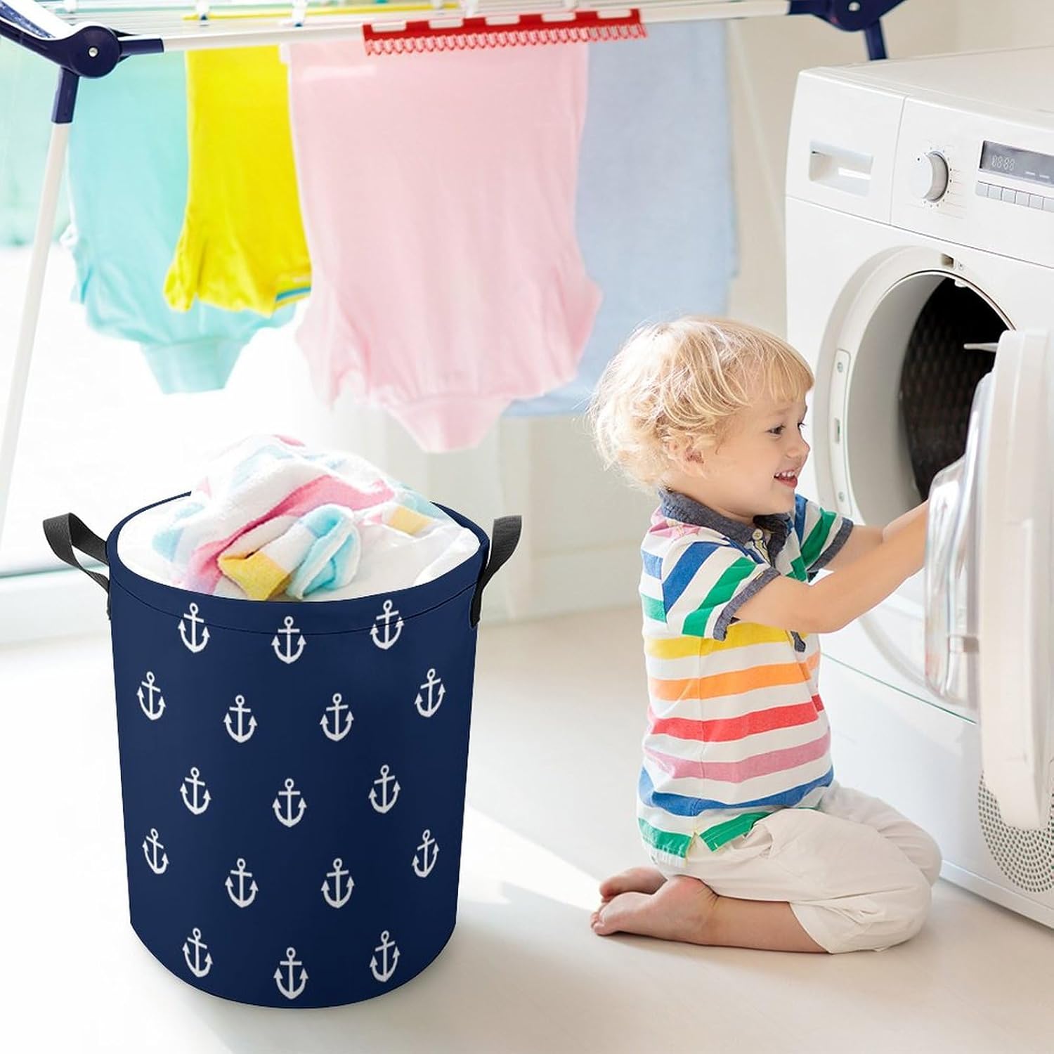 Cesta de lavandería grande, patrón de ancla blanca en azul marino, náutico, impermeable, plegable, para ropa sucia, para dormitorio universitario,