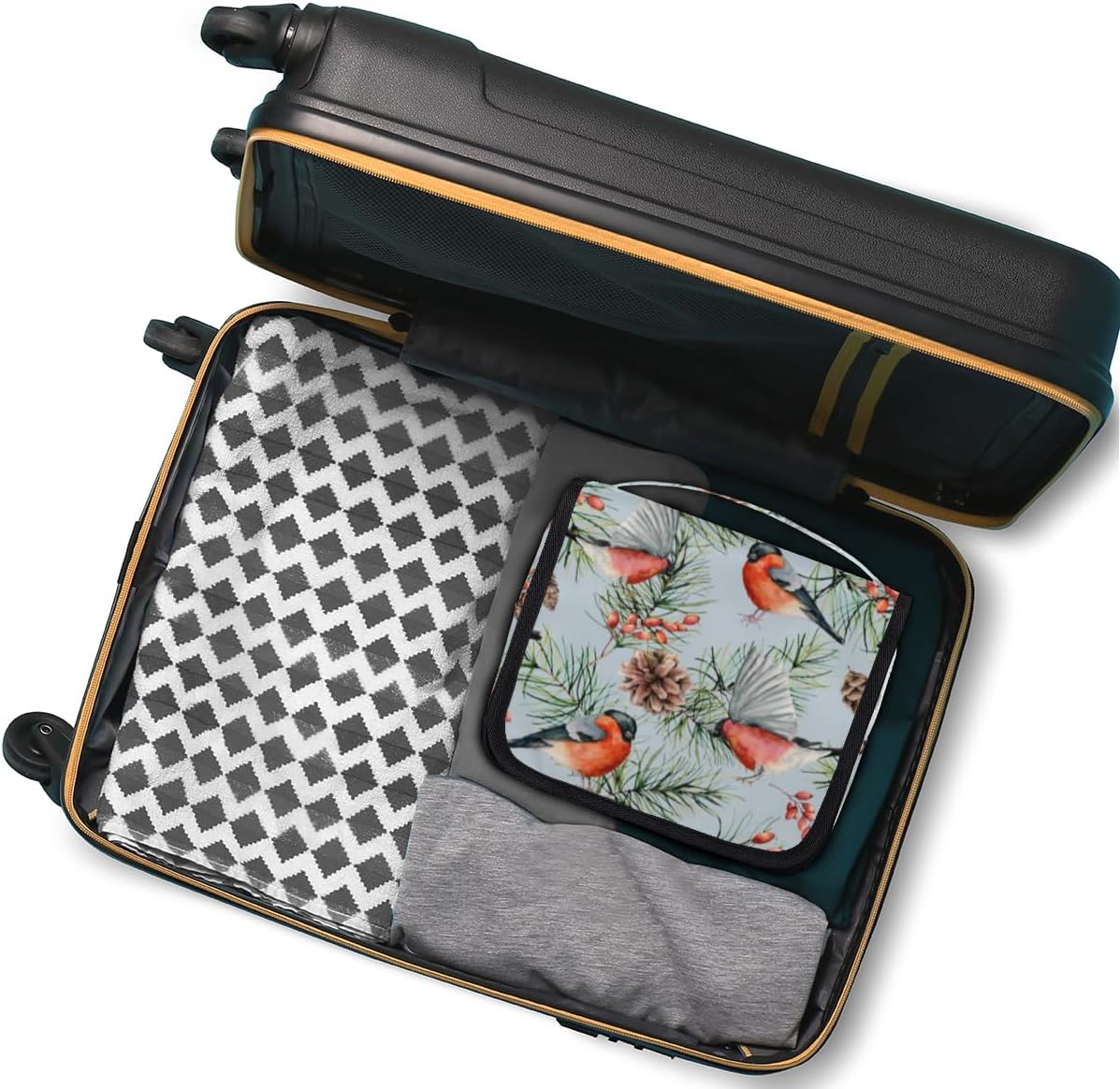QsirBC Bolsa de aseo de pájaros de camachuelo de acuarela para mujer, organizador de maquillaje de viaje con gancho para colgar, bolsas de