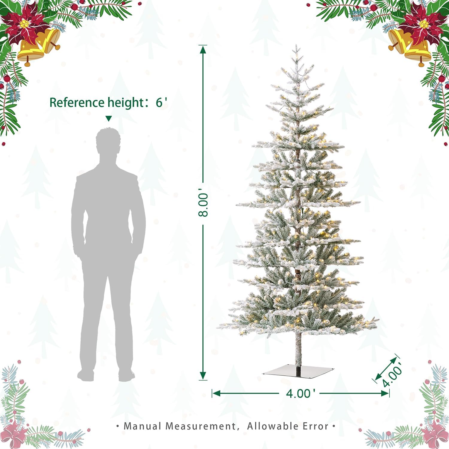 glitzhome Árbol de Navidad artificial de abeto flocado de lujo de 8 pies, árbol de Navidad con bisagras con 450 luces blancas cálidas, tres