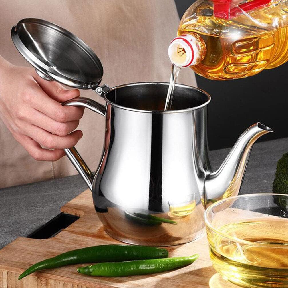 Colador de aceite, 1 olla de aceite de acero inoxidable, recipiente de almacenamiento de aceite de acero inoxidable para cocina, colador de grasa de