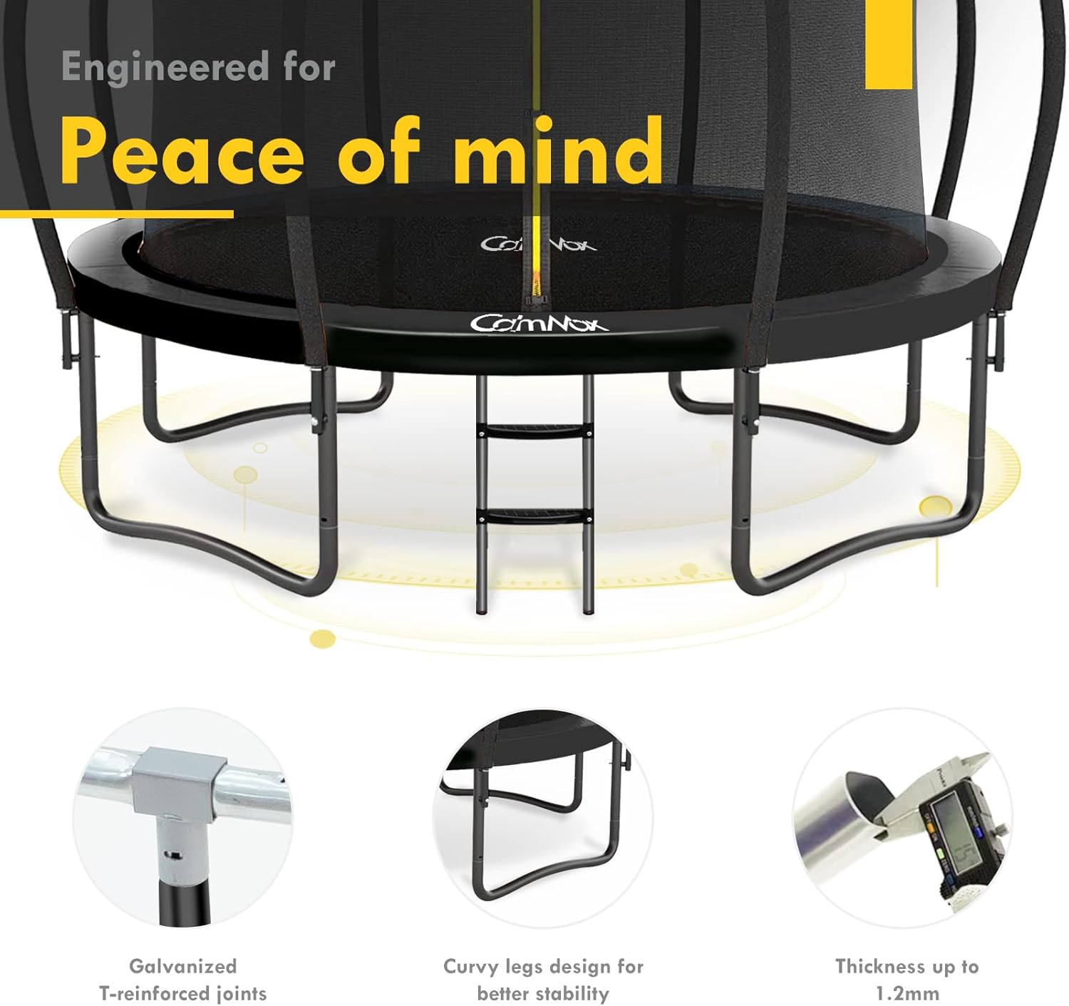 CalmMax Trampolín de 10 pies, 12 pies, 14 pies, 15 pies, 16 pies, con cerramiento, trampolines recreativos con escalera, aprobación ASTM, trampolín