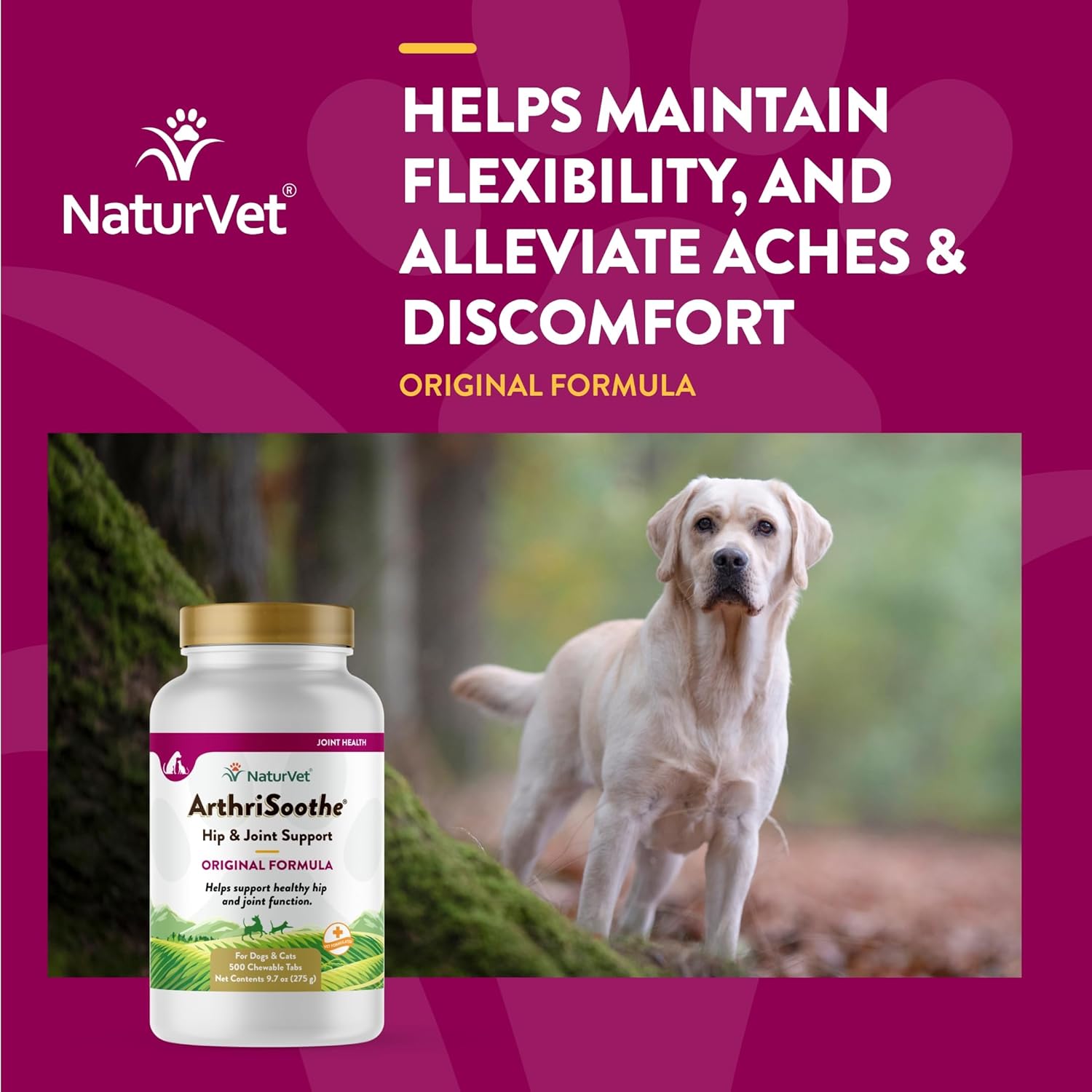 NaturVet ArthriSoothe – Suplemento para mascotas de fórmula para cadera y articulaciones para perros y gatos, incluye glucosamina, MSM, condroitina,