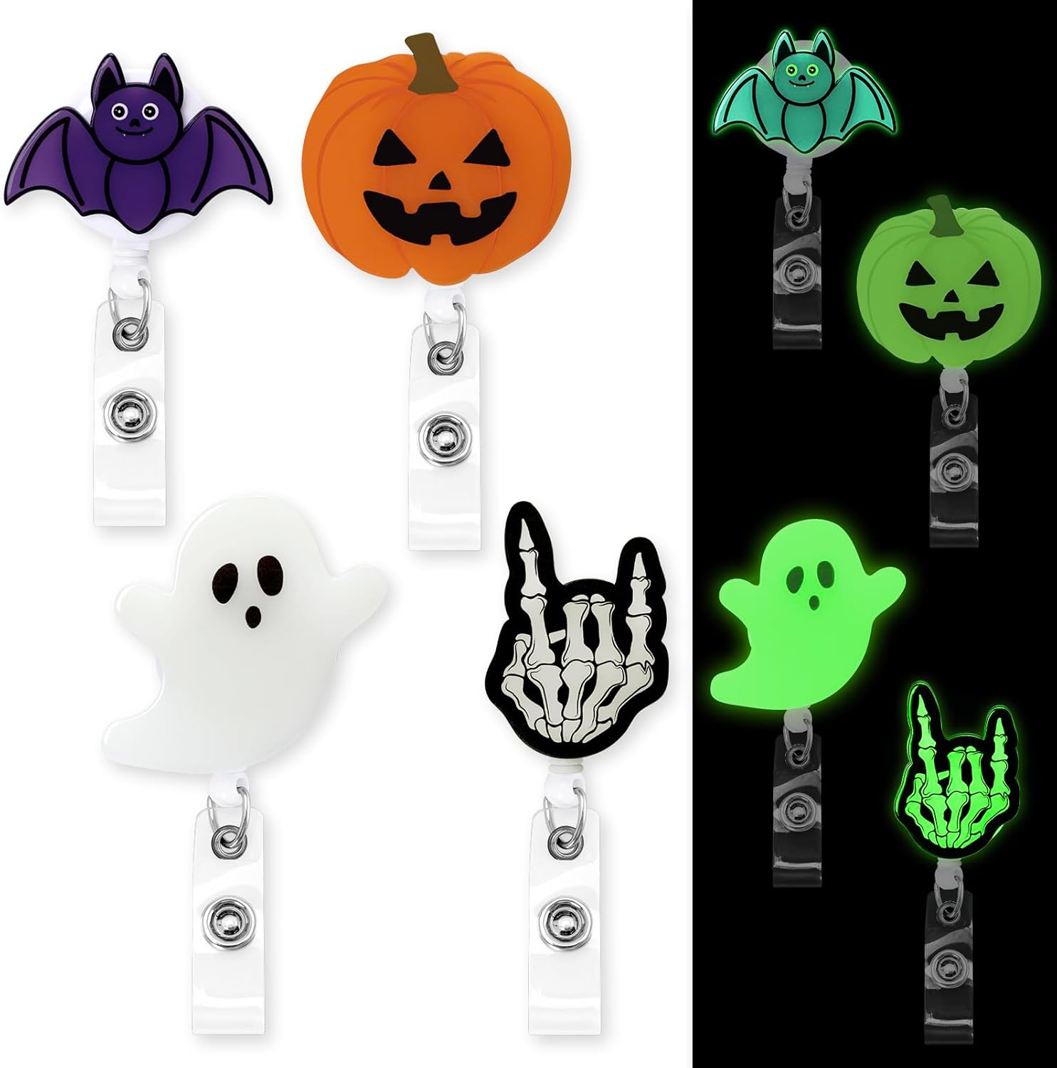 Xylolfsty Carretes de insignia de Halloween, 4 unidades, retráctil, para otoño, con clip de cocodrilo, esqueleto de roca que brilla en la oscuridad,