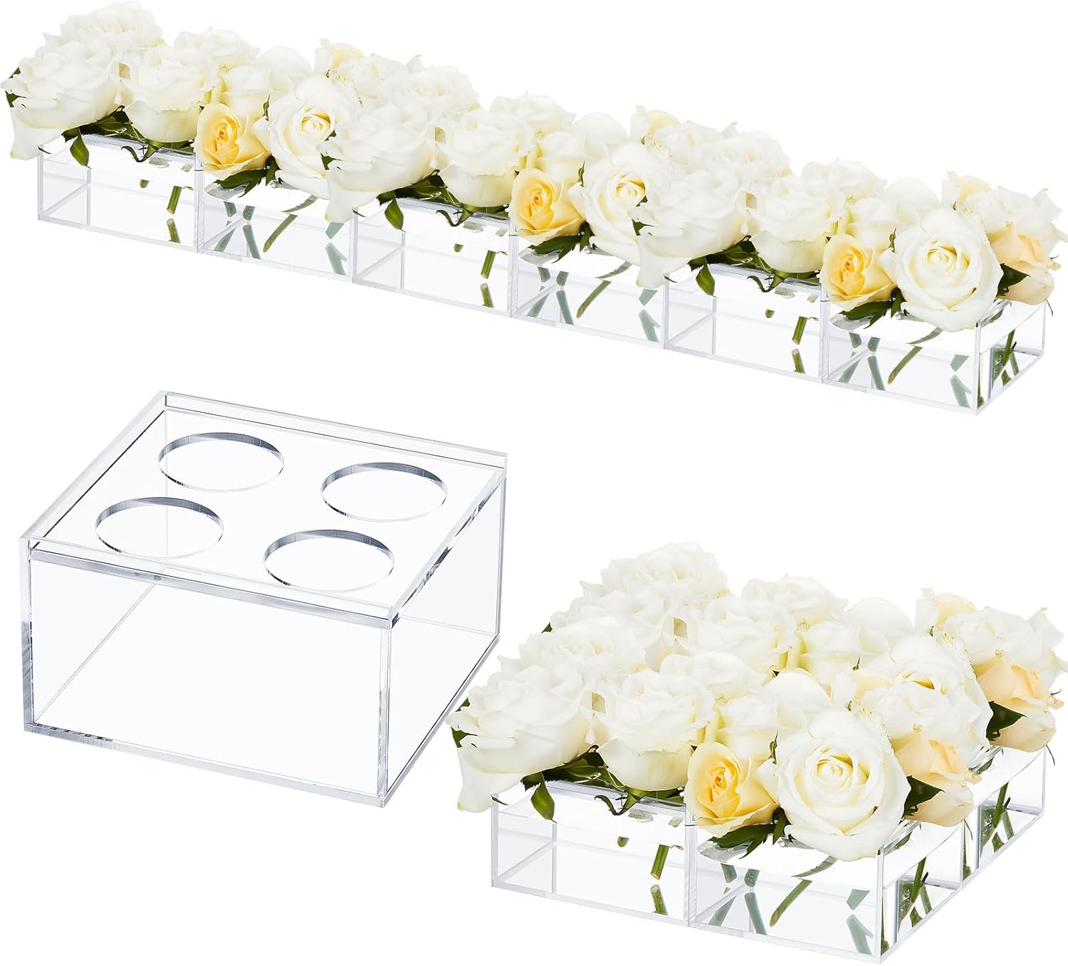 Jarrón de flores de acrílico, centro de mesa rectangular floral para mesa de comedor, moderna caja de flores acrílicas, florero rectangular