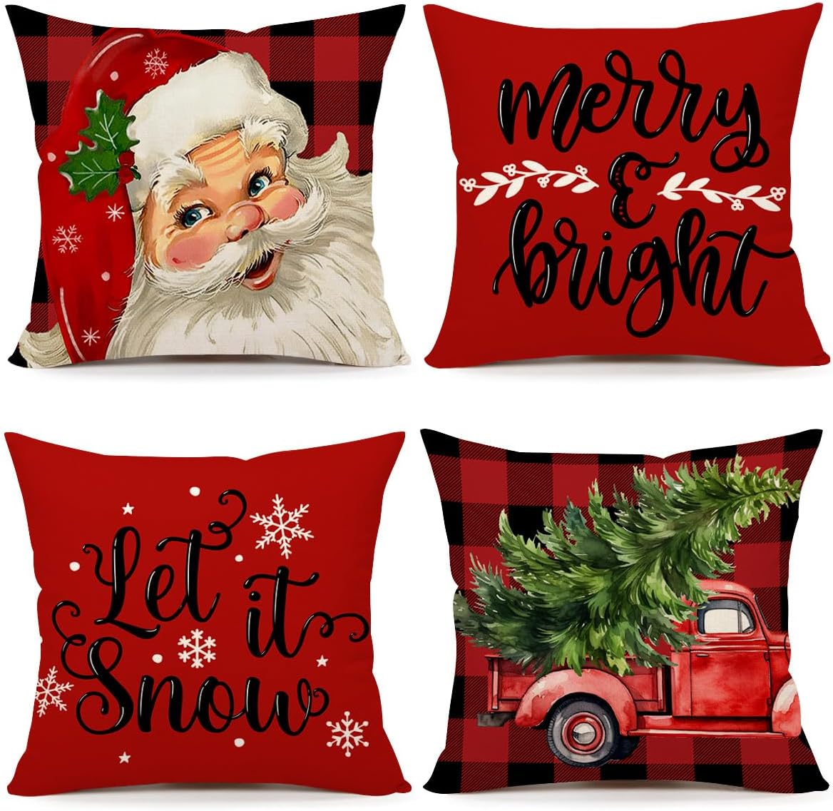 4TH Emotion Juego de 4 fundas de almohada navideñas de 18 x 18 pulgadas, decoración de Navidad de granja, diseño a cuadros rojos y negros, Papá