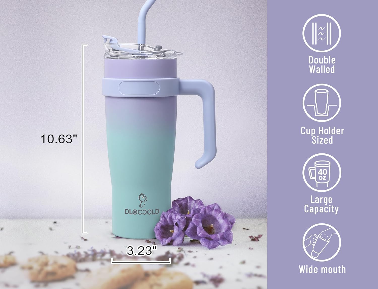 DLOCCOLD Vaso de 40 onzas con asa, popote y tapa, botella de agua reutilizable de acero inoxidable de doble pared con aislamiento al vacío, taza de