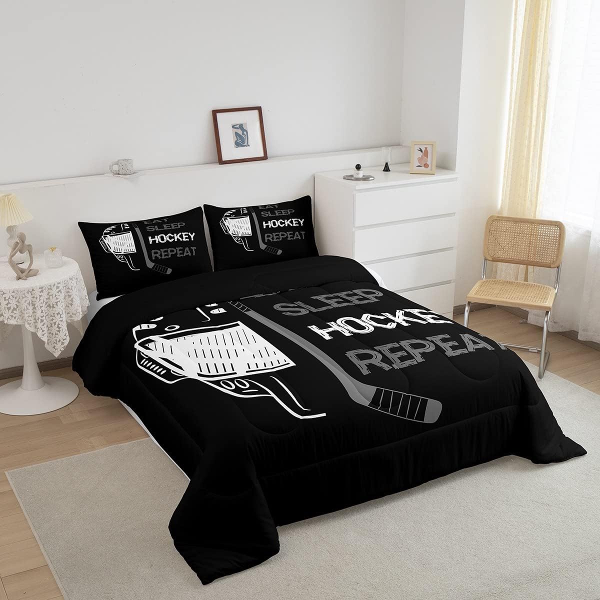 Erosebridal Edredón de hockey tamaño individual para niños y adolescentes, ropa de cama de hockey negro y gris para comer, decoración de dormitorio,