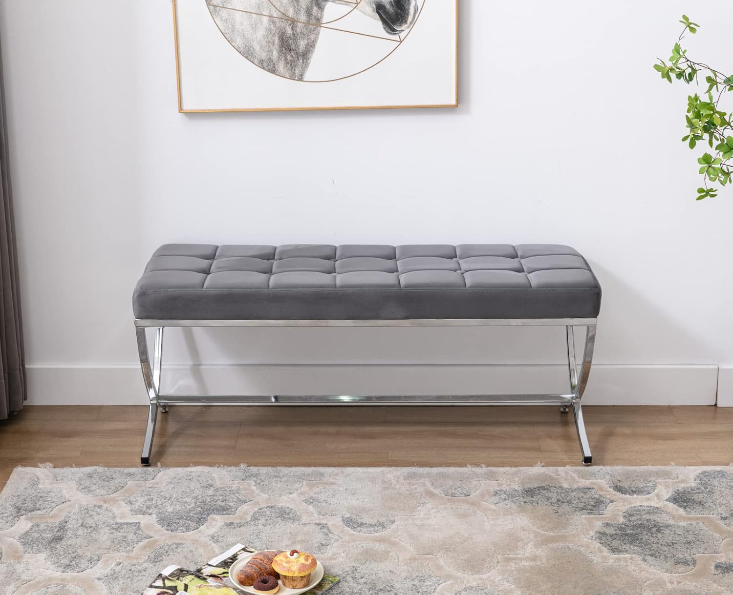 CIMOTA Moderno banco de entrada de terciopelo tapizado con botones y base de metal, elegante banco otomano para entrada, sala de estar, dormitorio,