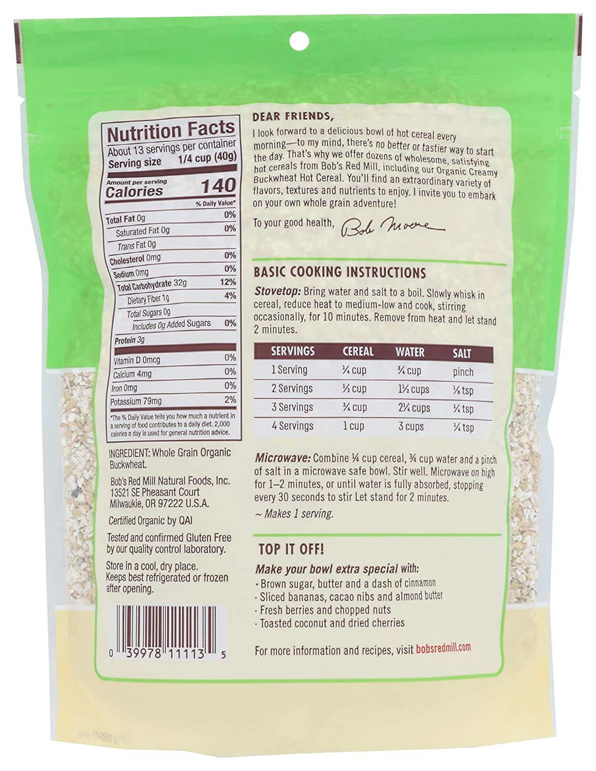 Bob’s Red Mill Cereal caliente de trigo sarraceno cremoso sin gluten orgánico, 18 onzas (paquete de 4)
