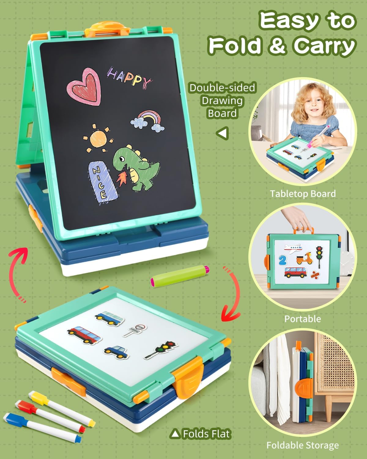 Elovien Caballete para niños, caballete de mesa para niños pequeños, caballete de arte plegable 4 en 1 de doble cara para niños con pizarra y