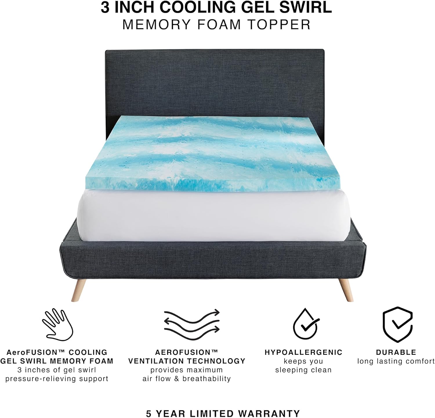 Essentials – Cubrecolchón de espuma viscoelástica de 2 pulgadas, espuma viscoelástica de gel refrescante, diseño ventilado, espuma certificada