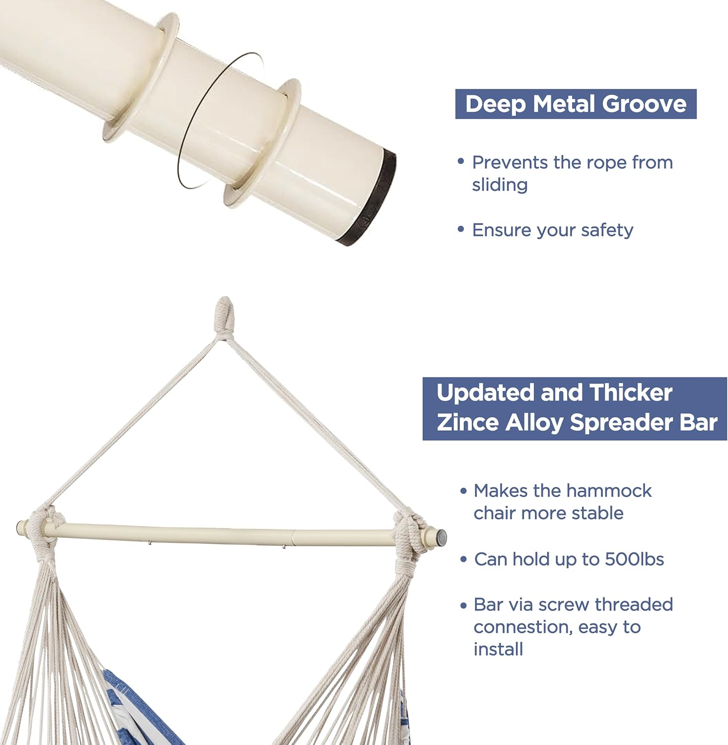 HBlife Hamaca extra de 500 libras, cómoda silla colgante con barra de metal portátil de algodón, columpio para dormitorio, blanco y negro