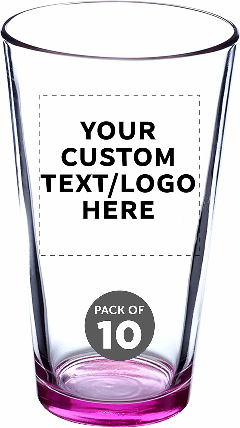 DISCOUNT PROMOS Juego de 10 vasos de cerveza personalizados de 16 onzas, paquete a granel personalizado, cristalería resistente para restaurantes,