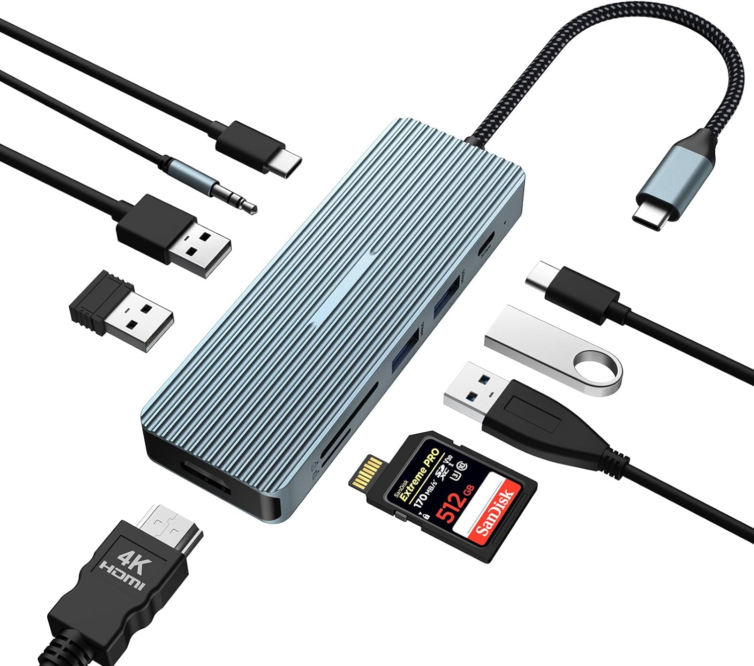 Estación de acoplamiento USB C 10 en 1, adaptador con HDMI 4K, 2 puertos USB 3.0, USB-C 3.0, 2 USB 2.0, carga PD de 100 W, SDTF, conector de audio