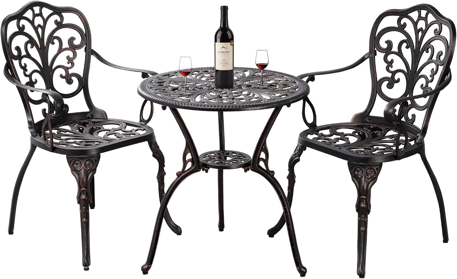 Withniture Bistro – Juego de 3 piezas de mesa y silla de bistró al aire libre, juego de 2 muebles de patio de aluminio fundido con agujero para