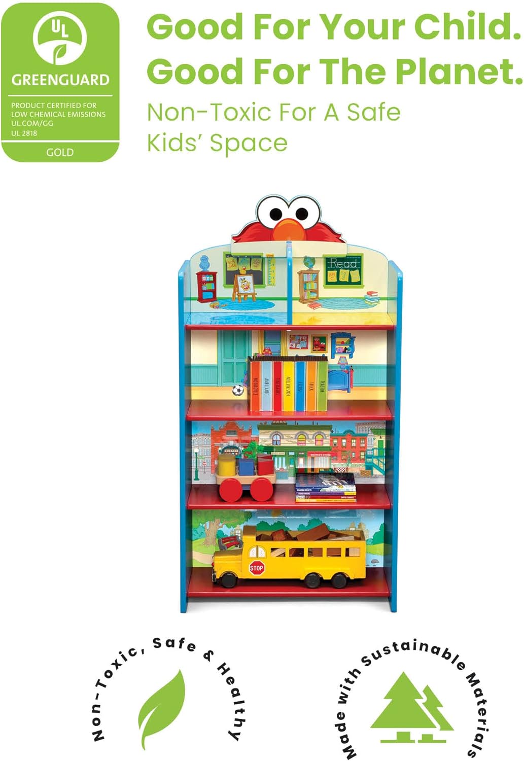 Delta Children Escritorio con silla con contenedor de almacenamiento + estantería de madera de 4 estantes para niños, Plaza Sésamo (paquete)