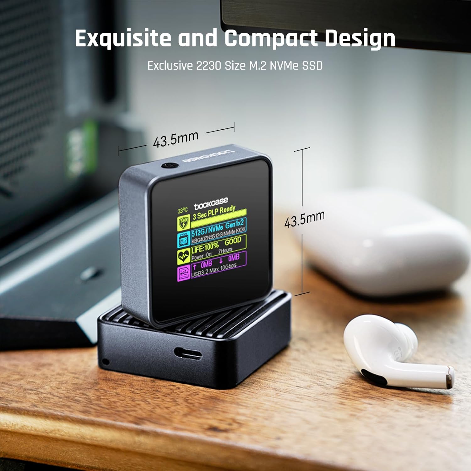 DOCKCASE Pocket M.2 2230 NVMe SSD, compatible con PLP 3s evita la pérdida de datos de escritura, USB 3.2 Gen 2 Tipo-C (10 Gbps), compatible con NVMe