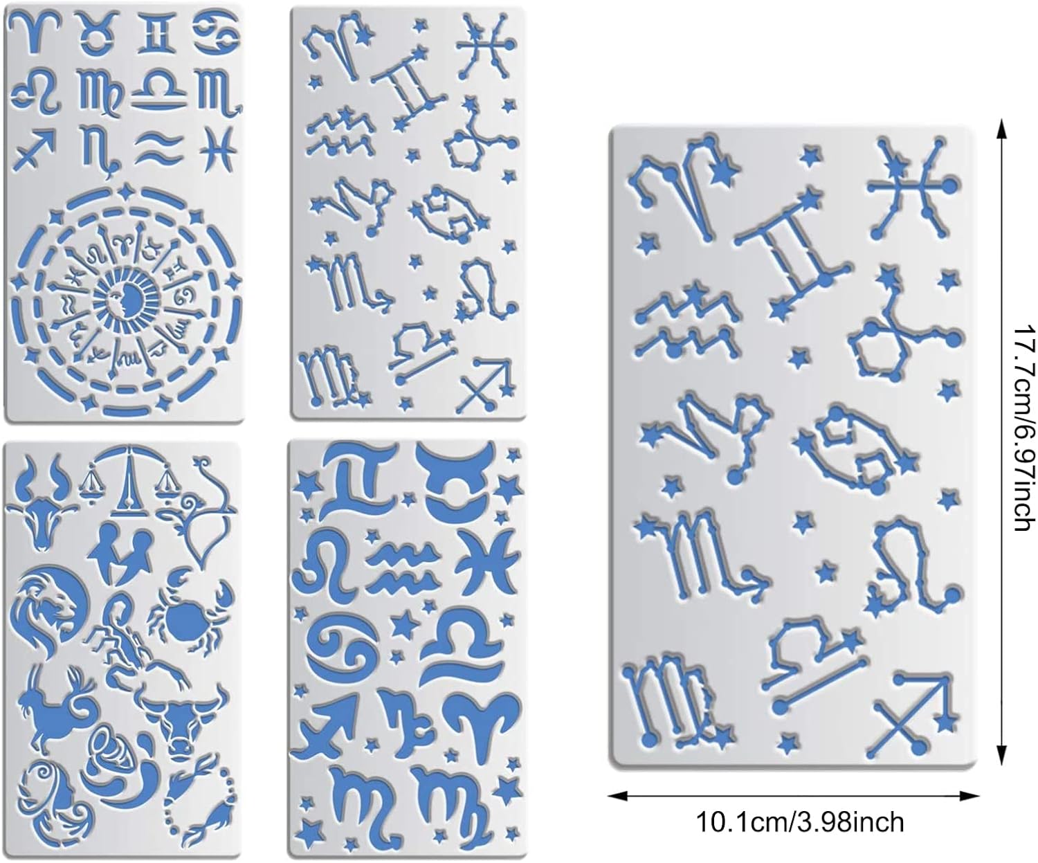 BENECREAT 4 plantillas de metal de constelaciones mixtas de 4 x 7 pulgadas, símbolos de glifos del zodiaco, plantillas de brújula vikinga para