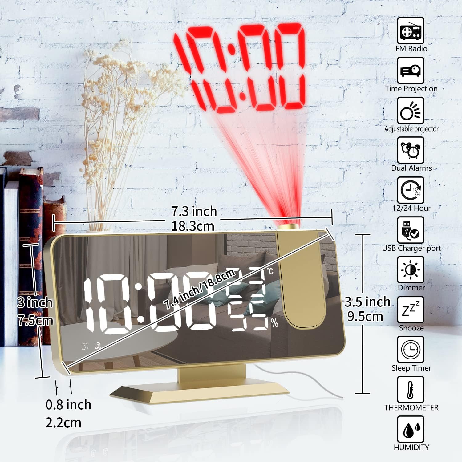 Mightree Reloj despertador de proyección para dormitorio, reloj despertador digital con cargador USB, pantalla de espejo LED grande de 7.4 pulgadas,