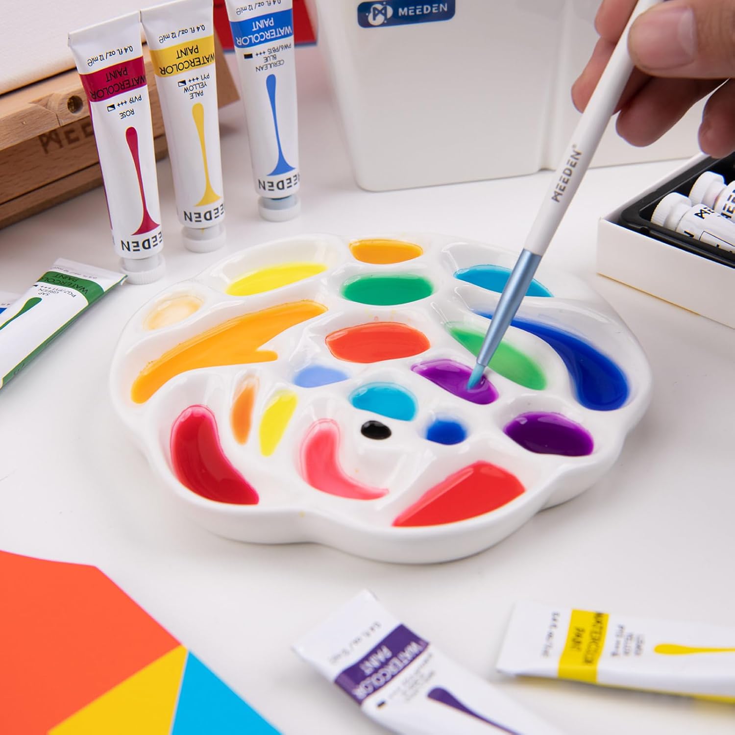 MEEDEN – Paleta de pintura de acuarela de porcelana, diseño de rosa, bandeja para pintar de acuarela de artista, color gouache, 6.0in de diámetro