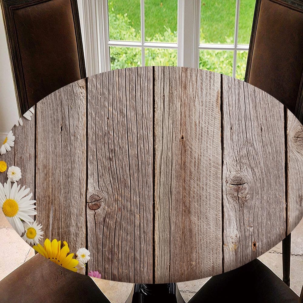 Mantel redondo de flores sobre madera ajustado con bordes elásticos, lavable, de poliéster, para interiores y exteriores, fiestas, bodas, tamaño del