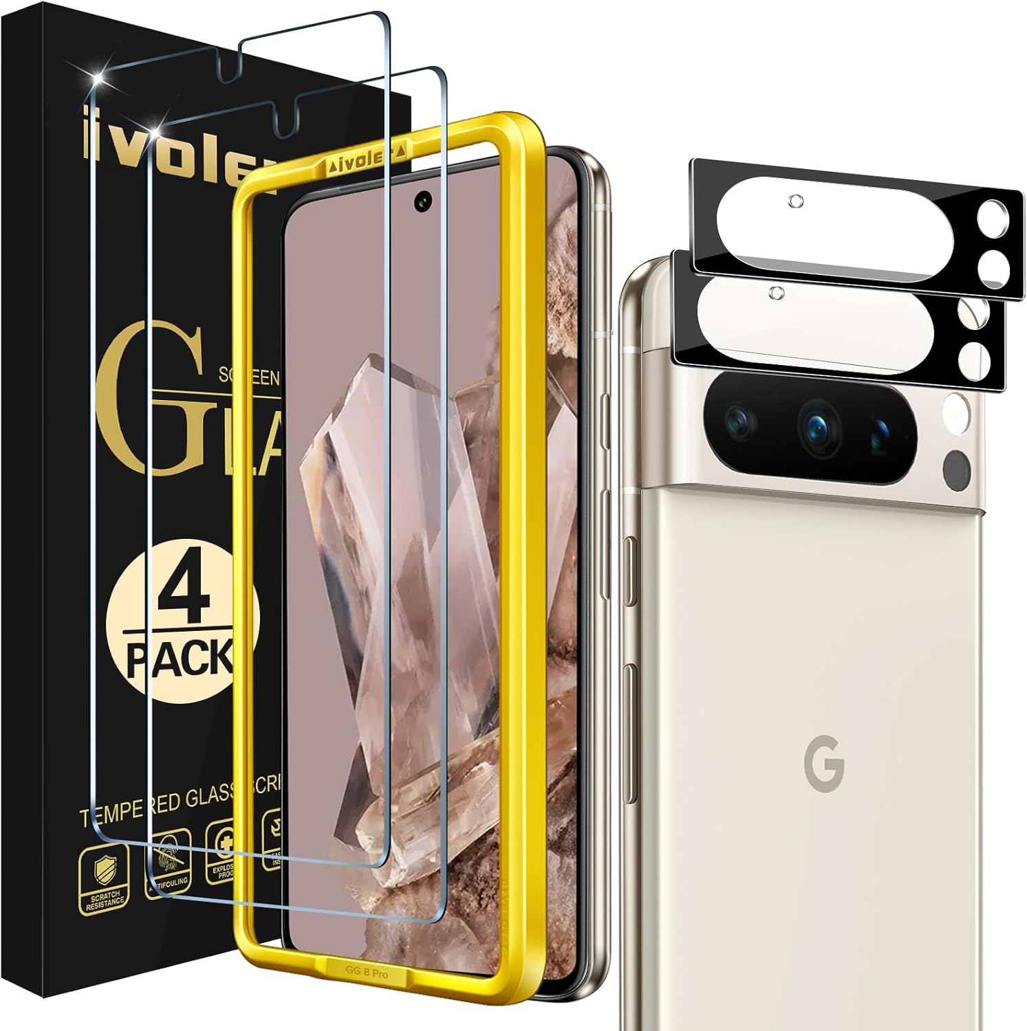 ivoler Paquete de 2+2 protectores de pantalla de vidrio templado para Google Pixel 8 Pro compatible con desbloqueo de huellas dactilares con