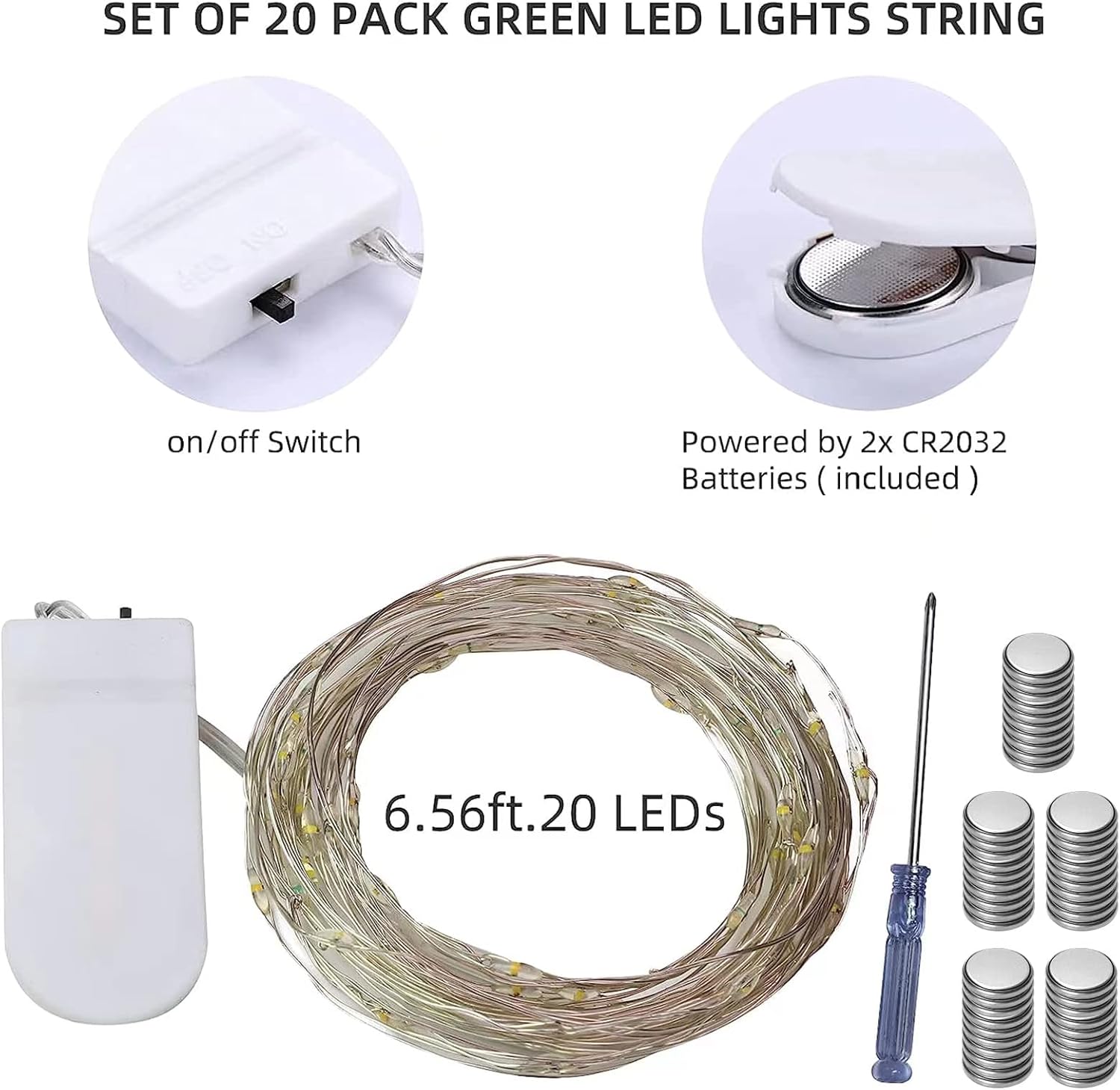 Paquete de 20 luces de hadas a pilas, 20 LED en alambre de cobre plateado de 6.6 pies, luces de hadas de luciérnaga para bodas, fiestas, tarros,