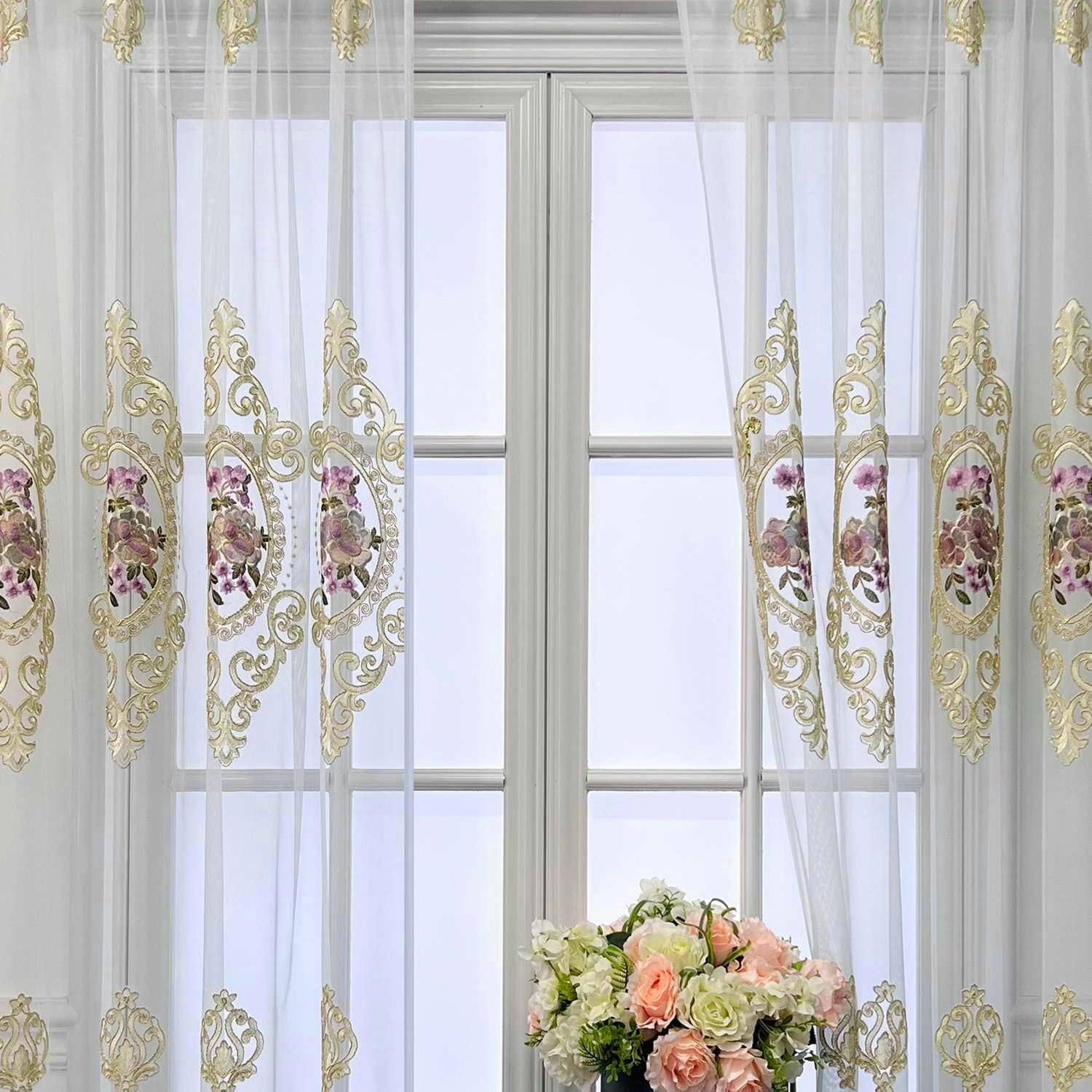 WPKIRA Cortina de gasa con diseño de flores en bordado europeo con ranura para cortinero Cortina romántica para ventana, para dormitorio o villa