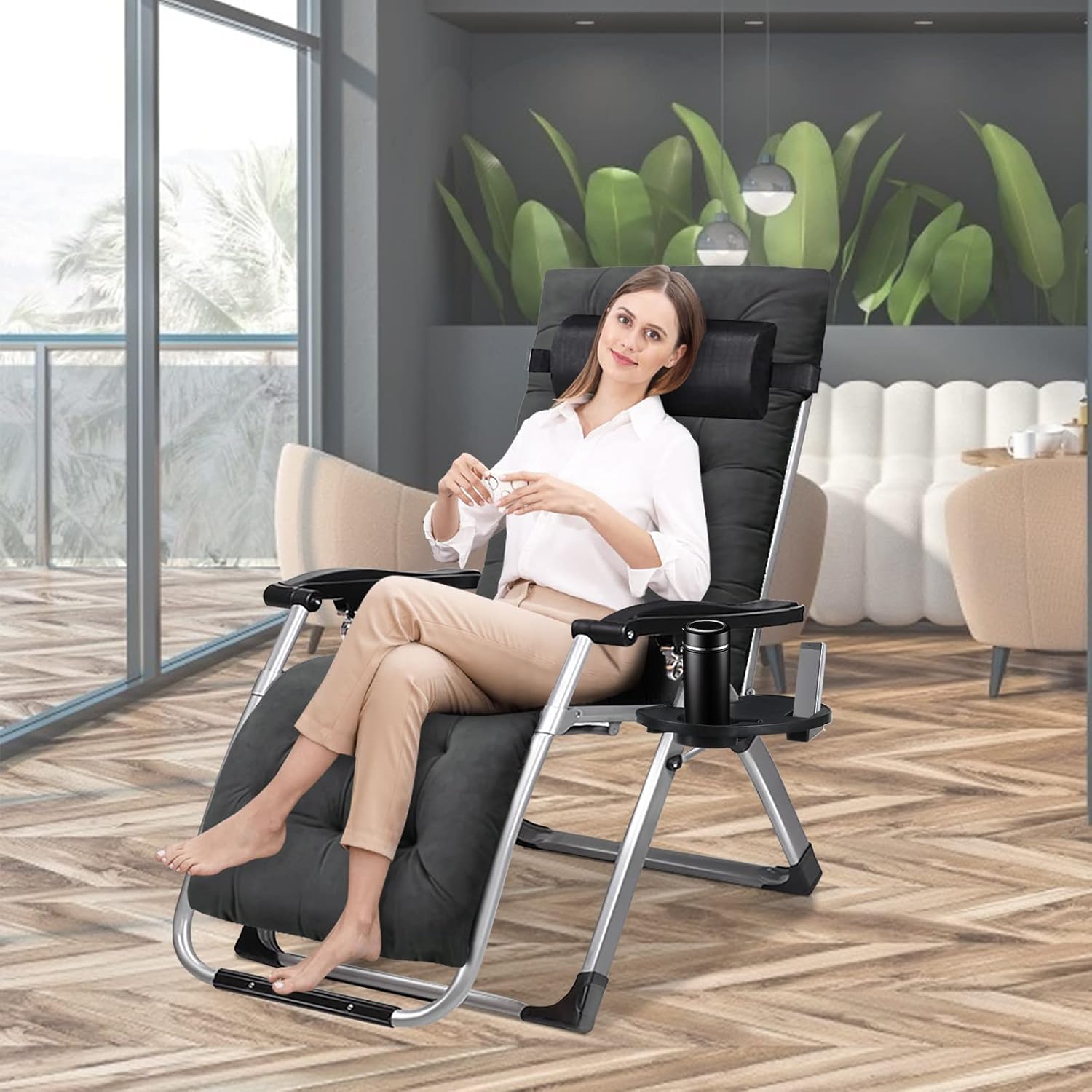 MOPHOTO Silla Zero Gravity, silla de descanso acolchada para exteriores con mesa auxiliar, silla reclinable de gravedad cero, silla reclinable para