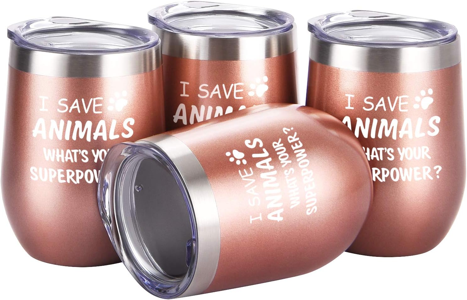 Paquete de 4 vasos de vino con tapa con texto en inglés “I Save Animals, Whats Your Superpower”, de acero inoxidable, ideas de cumpleaños y Navidad