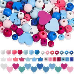 TXIN Juego de 520 cuentas de madera coloridas con agujero, cuentas de madera pintadas de estilo surtido, cubo de corazón redondo, cuentas TXIN Juego de 520 cuentas de madera coloridas con agujero, cuentas de madera pintadas de estilo surtido, cubo de corazón redondo, cuentas