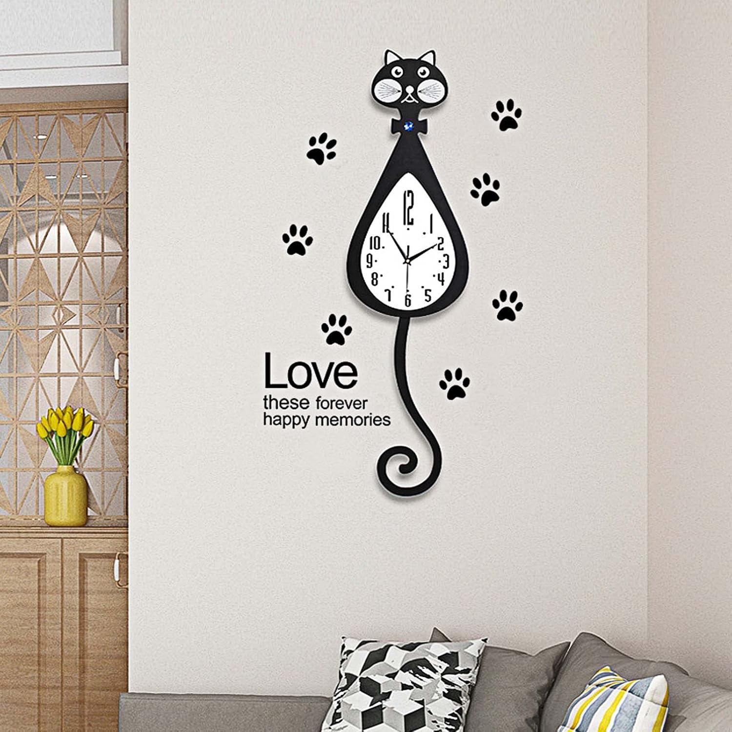 Reloj de pared con péndulo para decoración de gatos, funciona con pilas, reloj de gato negro silencioso con cola giratoria, reloj grande de madera