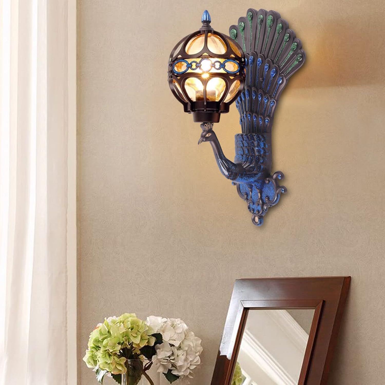 Lámpara de pared de pavo real, 21 pulgadas, decoración de arte retro antiguo, lámpara LED de pared, impermeable IP65, resistente a altas