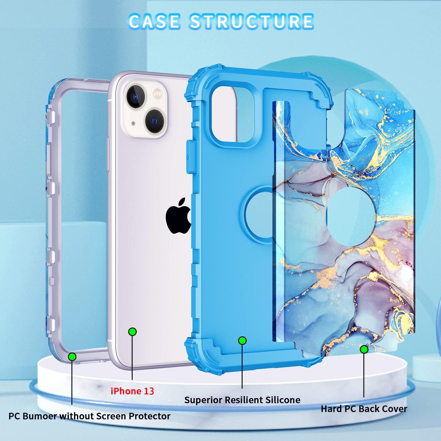 Funda para iPhone 13, tres capas de alta resistencia a los golpes, protección de plástico duro + funda protectora híbrida de goma de silicona suave
