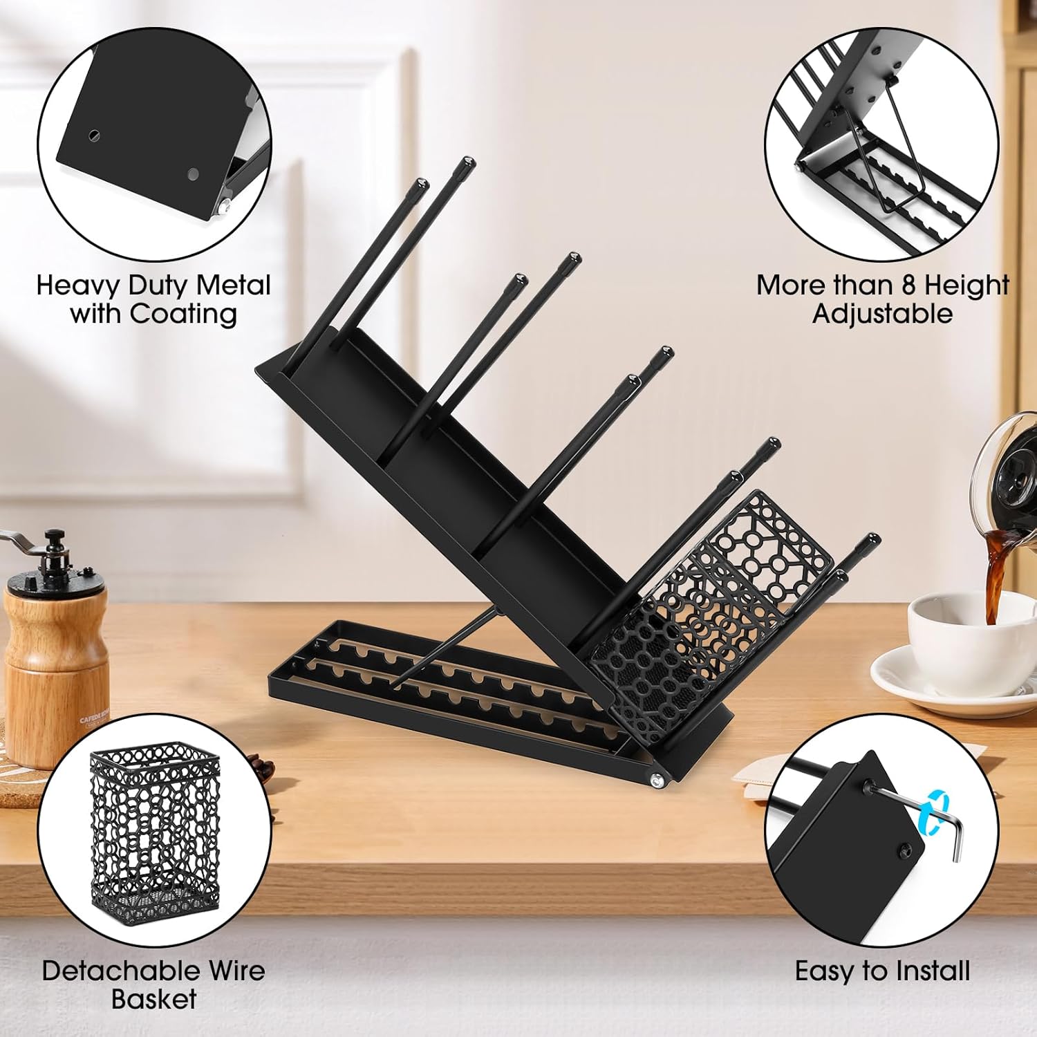 ShineMe Soporte desechable para tazas y tapas con organizador de pajita, dispensador de taza de café de metal, 4 compartimentos ajustables de
