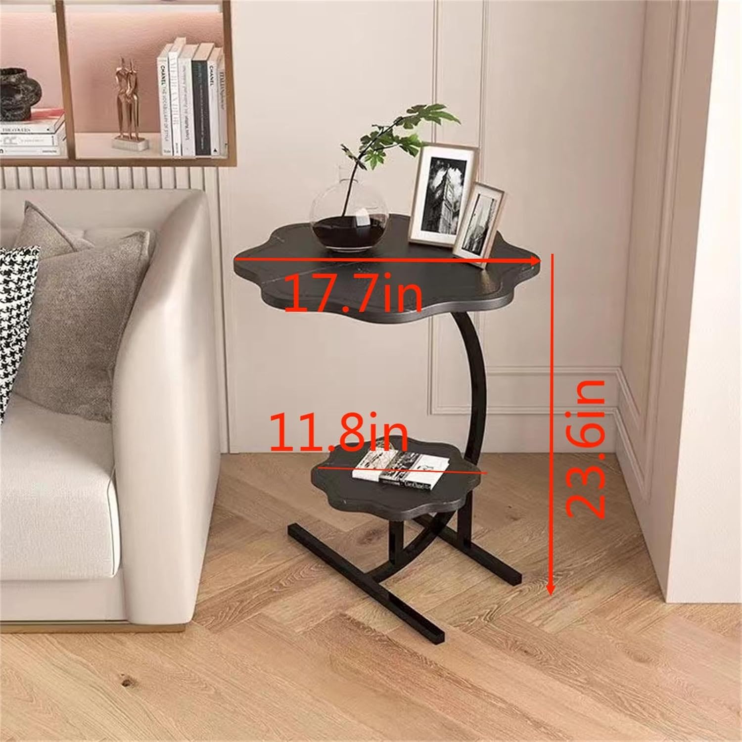 LITAITAI Mesa auxiliar pequeña en forma de C con textura de mármol en forma de flor de 2 capas, mesa auxiliar para sofá, mesita de noche para sala