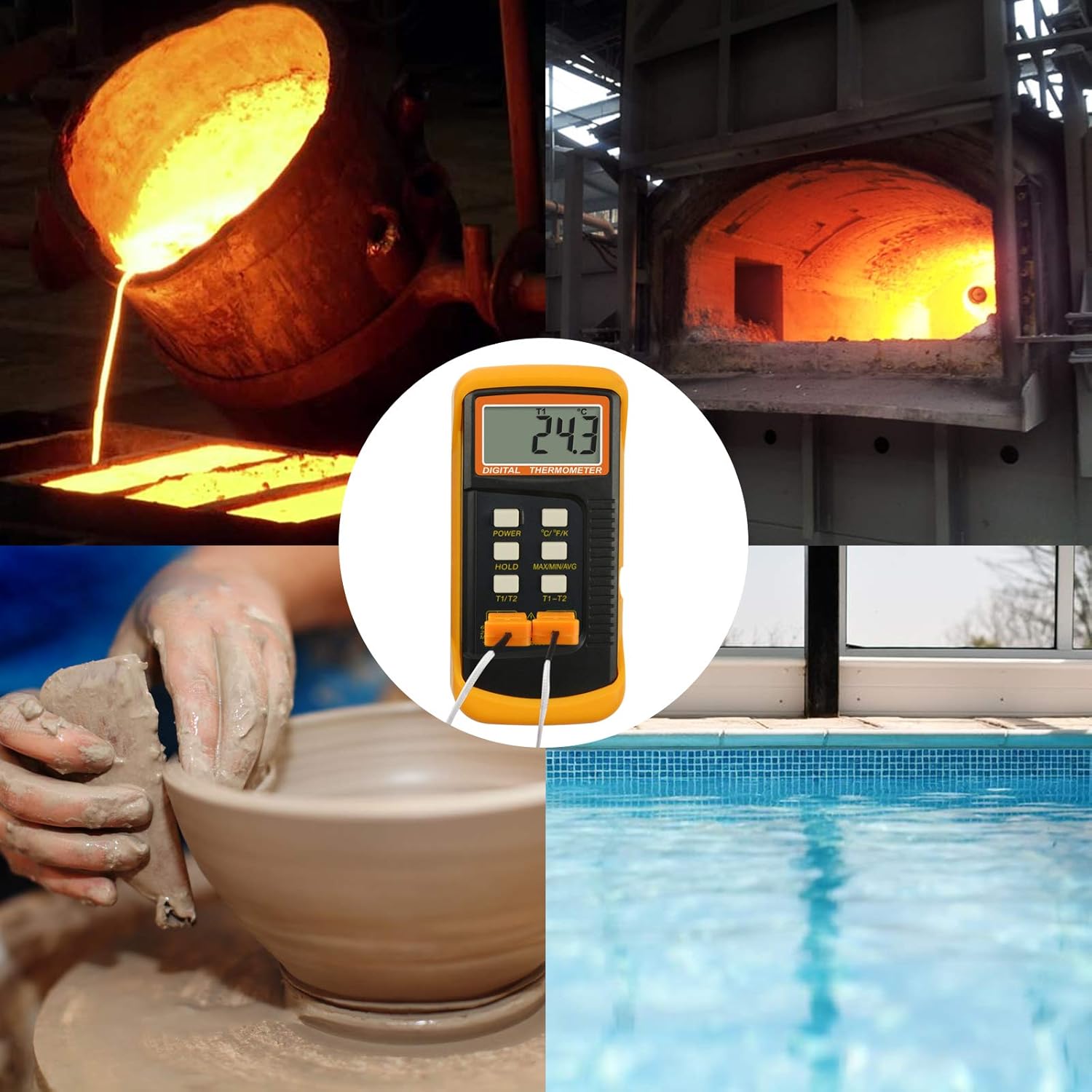 Termómetro de termopar Termopares de doble canal -50  2,372.0 F (-58  2372  F), termómetro digital tipo K con 4 sondas portátil de escritorio de