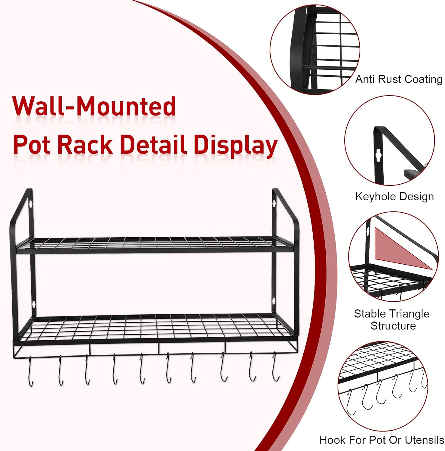 Estante colgante para ollas, 2 niveles, soportes para ollas de pared para almacenamiento de cocina, organizador de ollas y sartenes con 10 ganchos,