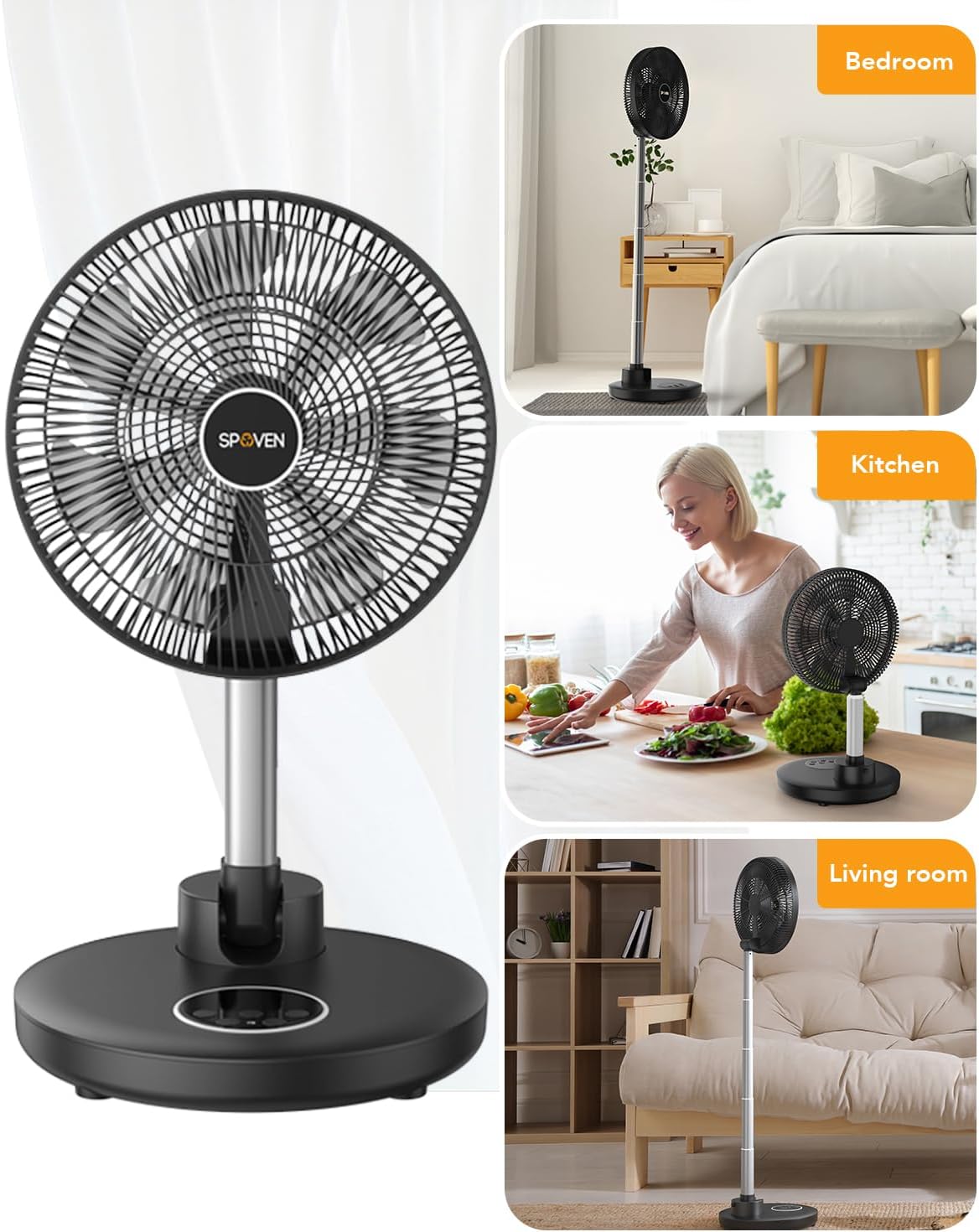 Ventilador de pie oscilante, ventilador portátil plegable de 12 pulgadas con batería recargable de 12000 mAh, ventilador de pedestal ajustable en