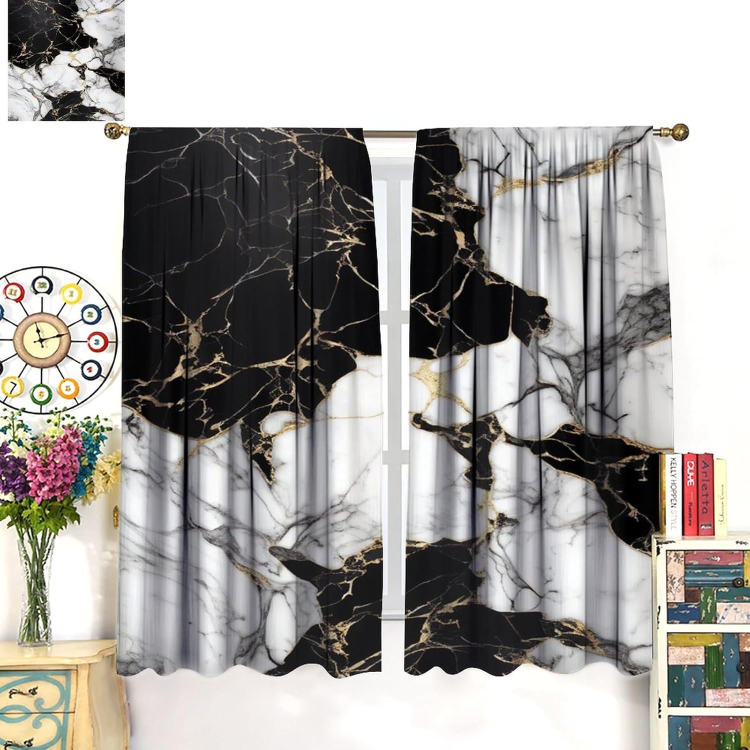 Cortinas de mármol para dormitorio, arte abstracto moderno de lujo, textura de mármol blanco y negro, tratamientos de ventana para sala de estar,