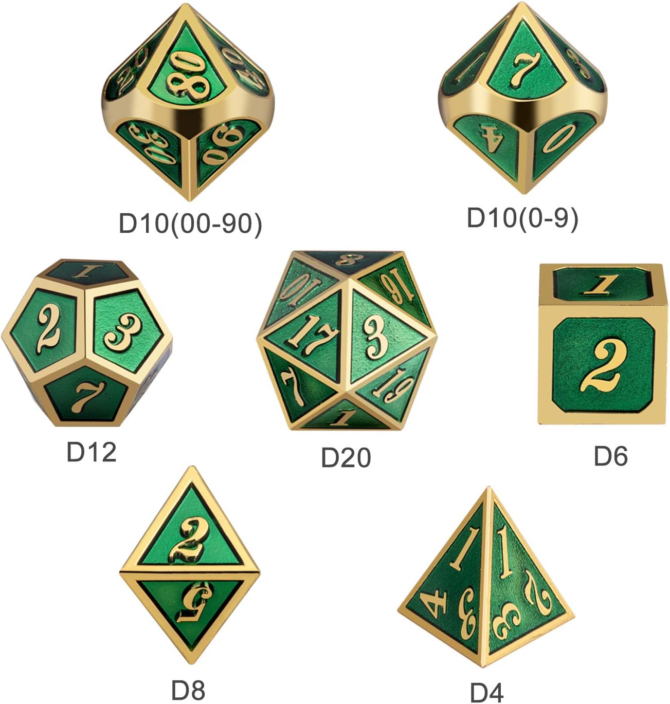 DNDND – Juego de dados de metal para D&D, 7dados DND verdes con caja de metal para juegos de rol como Dungeons and Dragons y juegos de mesa (números