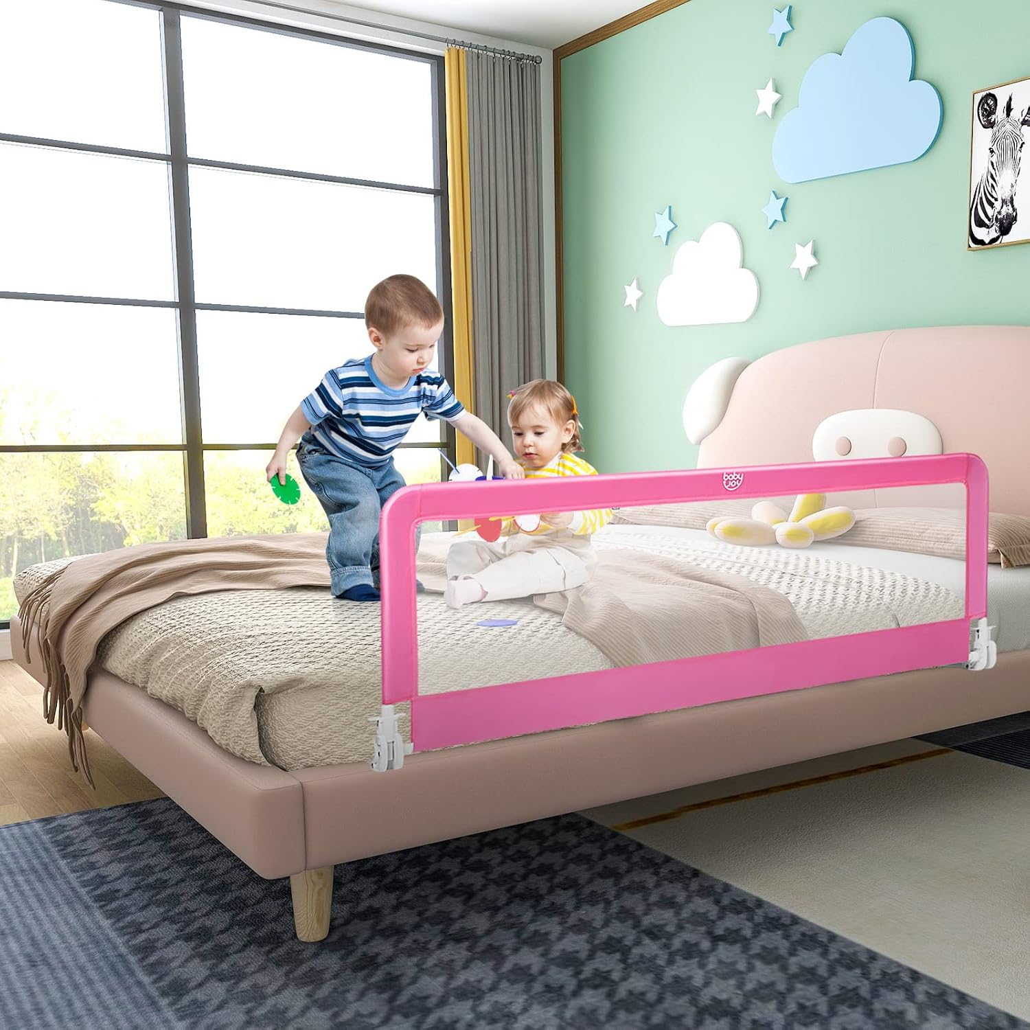 BABY JOY Rieles de cama para niños pequeños, 59 pulgadas, extra largo, protector de cama abatible con correas de seguridad, barandilla plegable para